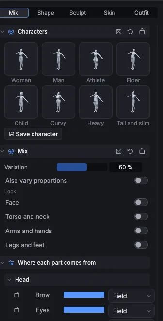 Character mode presets and mix controls