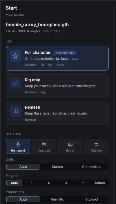 Enfigure's start card: job, detected facts and target